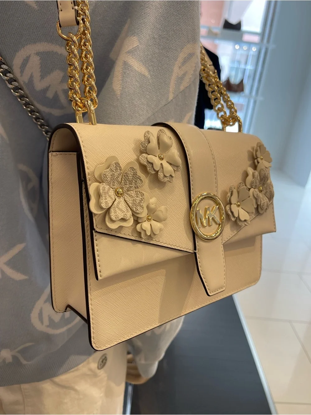 MICHAEL KORS Greenwich Sm Embellished Signature Logo Trim Crossbody Lt Cream NWT